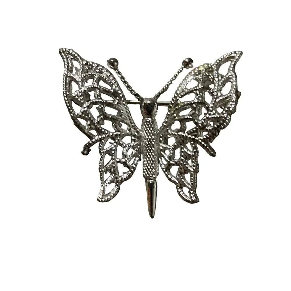 MONET Butterfly Brooch Filigree Vintage 1980s Silver Tone Metal Pin
